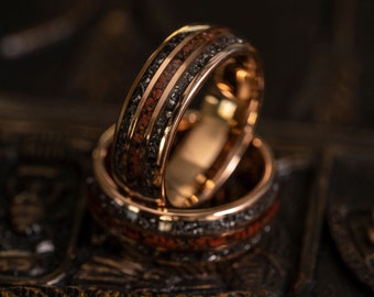Rose Gold Tungsten Meteorite and Dinosaur bone ring, Tungsten ring, rose domed wedding Ring, polished rose gold Tungsten Ring,  meteorite