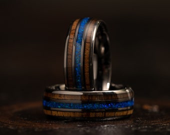 Blue Opal Gunmetal Wedding Band koa barrel Wood Wedding Ring Mens Opal Tungsten Ring 8mm Mens Wedding Band Mens Wedding Rings Personalized