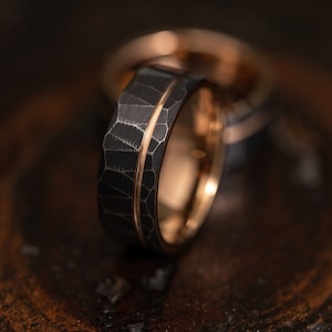 Distressed Hammered tungsten ring with Rose Gold Accents, Black sandblasted wedding Ring, Brushed Tungsten black stonewashed ring, stonewash