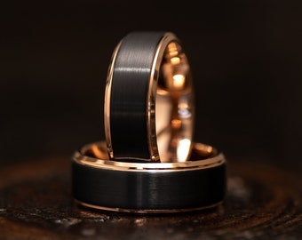 Black and gold mens wedding Ring, Brushed Tungsten Carbide Band, Rose gold beveled edge, Mens Ring, 8mm Tungsten, Wedding Band, Brushed Ring