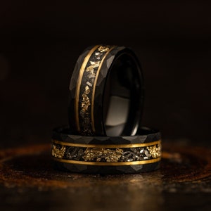 Hammered Gold Leaf and Meteorite ring, Black Hammered wedding Ring, Hammered Brushed Tungsten Band,  Mens Ring, gold meteorite ring,