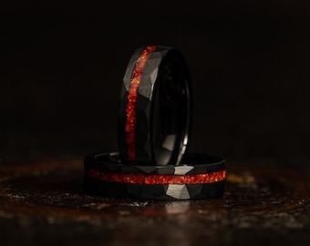 Womens Black wedding Ring, red opal Ring, Tungsten Carbide Ring, womens Wedding Band, Black Ring, womens opal ring, Wedding Band, opal