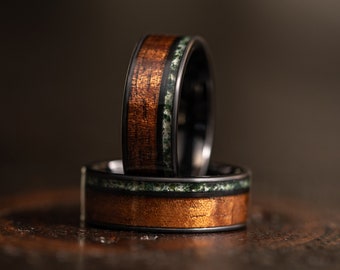 Moss Agate and koa wood black tungsten ring, moss agate Ring, Black wood ring, Koa wood ring, moss agate mens ring, moss agate wood ring