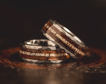 Antler Hammered wedding Ring with charred whiskey barrel and Antler, Antler ring Ring, Black wood ring, Whiskey barrel ring, Antler Band