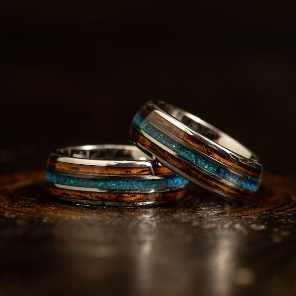 Hawaiian Koa and blue green opal Silver Tungsten Ring, Opal wood ring, Wooden Ring for Men, wooden wedding Ring, Wood Wedding Band, 8mm ring