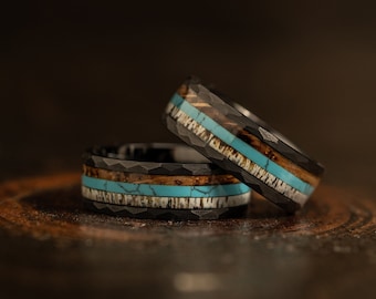 Black Hammered wedding Ring with charred whiskey barrel, turquoise and Antler, Antler ring Ring, Black wood ring, Whiskey barrel ring