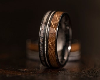 Guitar string ring with Whisky Barrel Wood and antler, guitar string ring, wooden wedding Ring, musician ring, guitarist ring, Antler ring