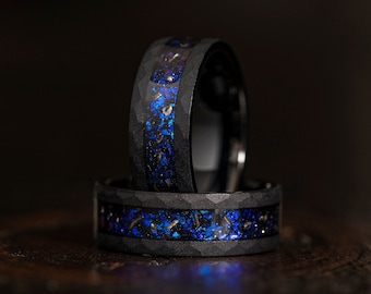 Hammered Galaxy opal and Meteorite ring, Black sandblasted wedding Ring, Nebula ring Brushed Tungsten Band, black meteor ring, meteorite