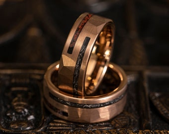 Rose Gold Meteorite and Dinosaur bone ring, Gold Tungsten ring, gold Hammered wedding Ring, Hammered Brushed Tungsten Ring, gold meteorite