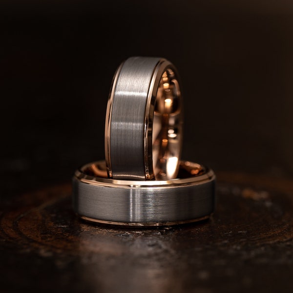 White gold mens wedding Ring, Brushed Tungsten Carbide Band, Rose gold beveled edge, Mens Ring, 8mm Tungsten, Wedding Band, Brushed Ring
