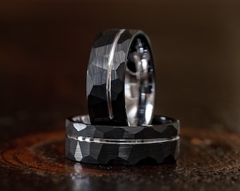 Black Hammered wedding Ring, Hammered silver Tungsten Carbide Band, white gold strip, Mens Ring, 8mm Tungsten, Wedding Band, Brushed Ring