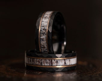 Black Hammered wedding Ring with Antler, Antler ring Ring, Black antler ring, Black and rose gold ring, deer antler ring, Antler Band