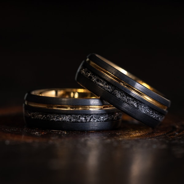 Black Tungsten ring with a Meteorite inlay, Hammered wedding Ring, Brushed Tungsten Band with yellow gold, black meteor ring, meteorite band