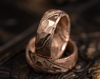 Rose Gold Hammered Damascus Steel Ring Band 8mm Ring Men Wedding Ring damascus steel ring Handmade Damascus Ring Men Engagement Ring Men