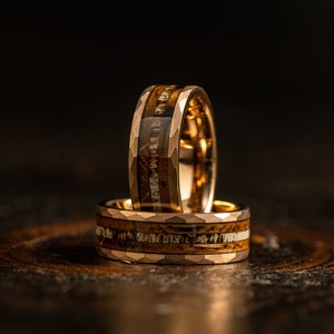 Antler Hammered wedding Ring with charred whiskey barrel and Antler, Antler ring Ring, rose gold wood ring, Whiskey barrel ring, Antler Band image 1