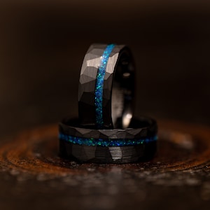 Black Hammered wedding Ring with Blue Opal Inlay, Hammered Brushed Tungsten Band, Blue opal ring, Mens Ring, 8mm, Wedding Band opal ring