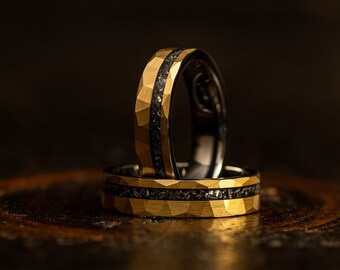 5mm womens Yellow gold tungsten Meteorite ring, Hammered wedding Ring, Hammered Brushed Tungsten Band, Ring, black meteor ring, Wedding Band