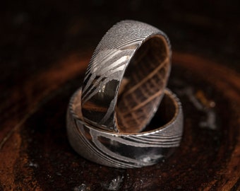 Silver Damascus steel whiskey barrel ring, Wood Ring, Wooden Ring, wooden wedding Ring, Wood Wedding Band, Whiskey barrel, Wood Ring, mens