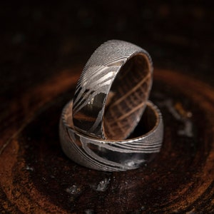 Silver Damascus steel whiskey barrel ring, Wood Ring, Wooden Ring, wooden wedding Ring, Wood Wedding Band, Whiskey barrel, Wood Ring, mens