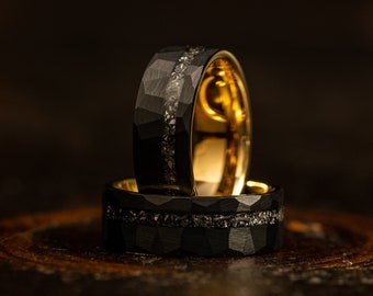 Meteorite ring, Black Hammered with Yellow Gold wedding Ring, Hammered Brushed Tungsten Band,  Mens Ring, black meteor ring, Wedding Band,