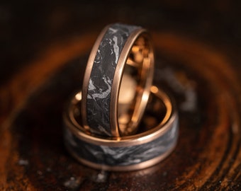 Forged Carbon Fiber ring with rose gold tungsten interior, Carbon Fiber ring, forged carbon fiber and gold ring,  Engagement Ring Men