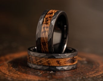 Black Hammered wedding Ring with charred whiskey barrel, whisky barrel ring, Black wood ring, Whiskey barrel ring, Hammered whiskey barrel