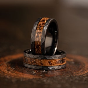 Black Hammered wedding Ring with charred whiskey barrel, whisky barrel ring, Black wood ring, Whiskey barrel ring, Hammered whiskey barrel