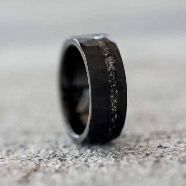 Meteorite ring, Black Hammered wedding Ring, Hammered Brushed Tungsten Band,  Mens Ring, black meteor ring, Wedding Band, faceted Ring,
