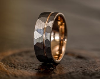 Hammered wedding Ring, Hammered Brushed Tungsten Carbide Band, Rose gold strip hammered, Mens Ring, 8mm Tungsten, Wedding Band, Brushed Ring