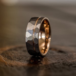 Hammered wedding Ring, Hammered Brushed Tungsten Carbide Band, Rose gold strip hammered, Mens Ring, 8mm Tungsten, Wedding Band, Brushed Ring
