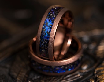 Galaxy opal and Meteorite ring, Smoked rose gold sandblasted wedding Ring, Nebula ring Brushed Tungsten Band, meteor ring, meteorite Wedding