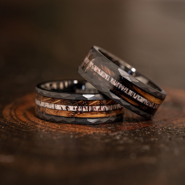 Black Hammered wedding Ring with charred whiskey barrel and Antler, Antler ring Ring, Black wood ring, Whiskey barrel ring, Antler Band