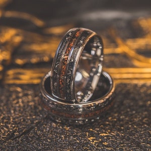 Silver Meteorite and Dinosaur bone ring, black Tungsten ring, black domed wedding Ring, polished silver Tungsten Ring, black meteorite