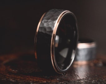 Hammered Black/Rose Gold Black Zirconium Wedding Ring, Black Zirconium Ring, Zirconium Wedding Band, Men's Wedding Band,Women's Wedding Ring