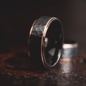 Hammered Black/Rose Gold Black Zirconium Wedding Ring, Black Zirconium Ring, Zirconium Wedding Band, Men's Wedding Band,Women's Wedding Ring