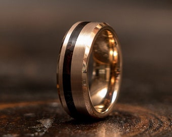 Wood wedding band, Wood Ring, Wood inlay Ring, tungsten carbide Ring, rose gold wood, Wooden Ring, Mens wood ring,5 Year Anniversary RGO