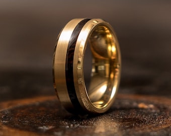 Wood wedding band, Wood Ring, Wood inlay Ring, yellow gold tungsten Ring, tungsten wood ring, Wooden Ring, Mens wood,5 Year Anniversary, YGO
