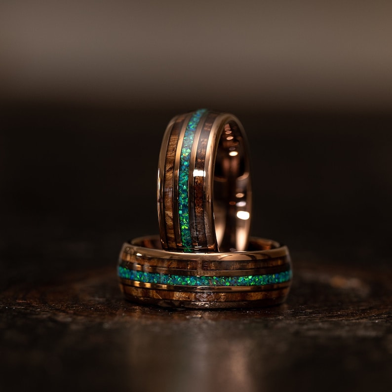 Rose Gold Tungsten Wood Ring, Opal wood ring, Wooden Ring for Men, wooden wedding Ring, Wood Wedding Band, Shell, Hawaiian Koa , 8mm ring 
