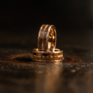 Antler Hammered wedding Ring with charred whiskey barrel and Antler, Antler ring Ring, rose gold wood ring, Whiskey barrel ring, Antler Band image 7