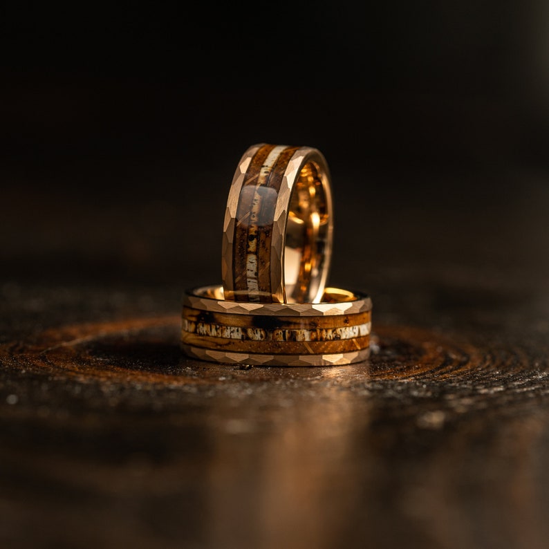 Antler Hammered wedding Ring with charred whiskey barrel and Antler, Antler ring Ring, rose gold wood ring, Whiskey barrel ring, Antler Band image 7