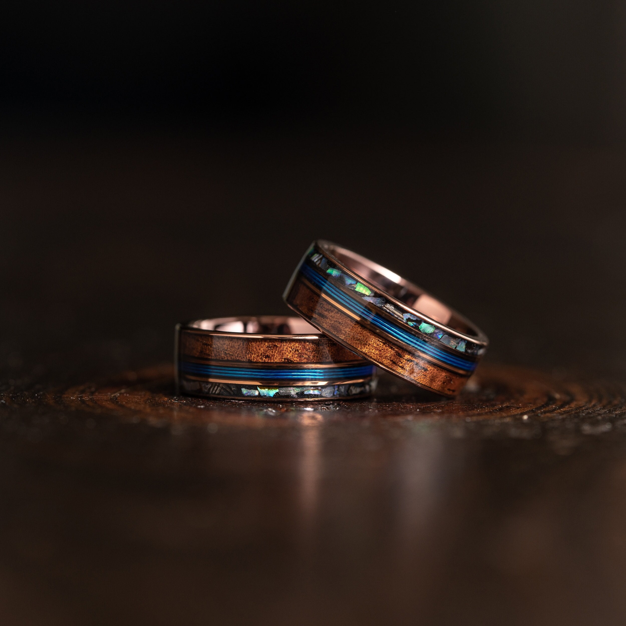 Fishing Line Ring With Koa Wood and Abalone, Fishing String Ring