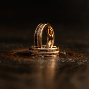 Antler Hammered wedding Ring with charred whiskey barrel and Antler, Antler ring Ring, rose gold wood ring, Whiskey barrel ring, Antler Band image 6