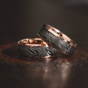 Damascus with rose gold tungsten shell Steel Ring Band 8mm Ring Men Wedding Ring damascus steel ring Handmade Damascus Ring Engagement Ring image 2