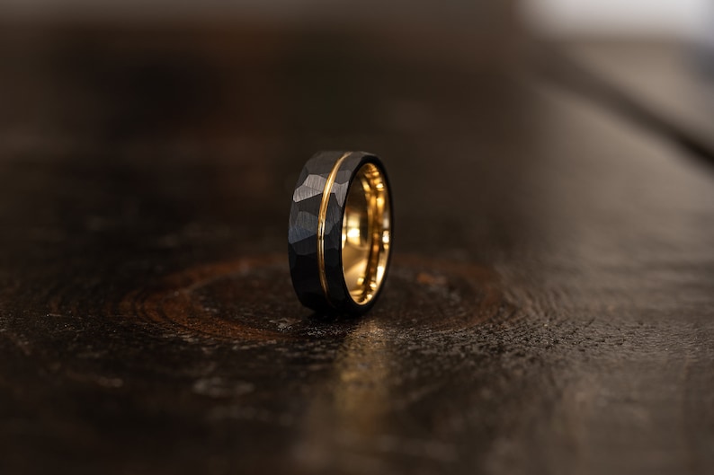 Yellow Gold Black Hammered wedding Ring, Hammered Brushed Tungsten Carbide Band, Yellow gold strip, Mens Ring, 8mm Tungsten, Wedding Band, image 4