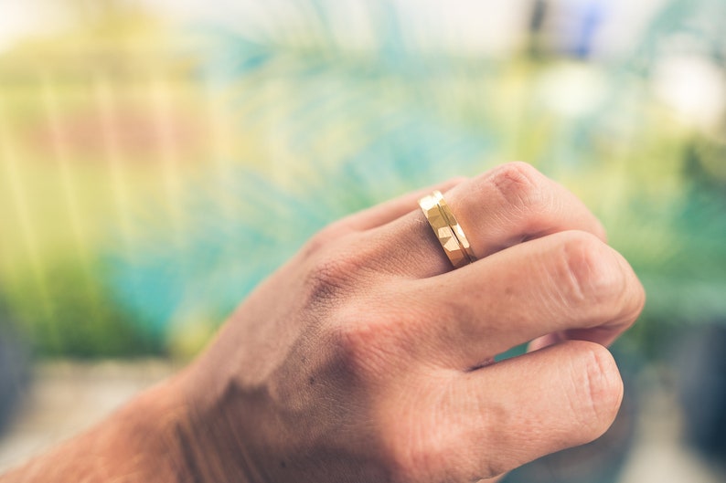 Yellow gold tungsten Hammered wedding Ring, Hammered Brushed Tungsten gold Band, gold hammered ring, Mens Ring, 8mm Tungsten, Wedding Band image 4