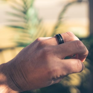 Black Hammered wedding Ring, Hammered silver Tungsten Carbide Band, white gold strip, Mens Ring, 8mm Tungsten, Wedding Band, Brushed Ring image 2