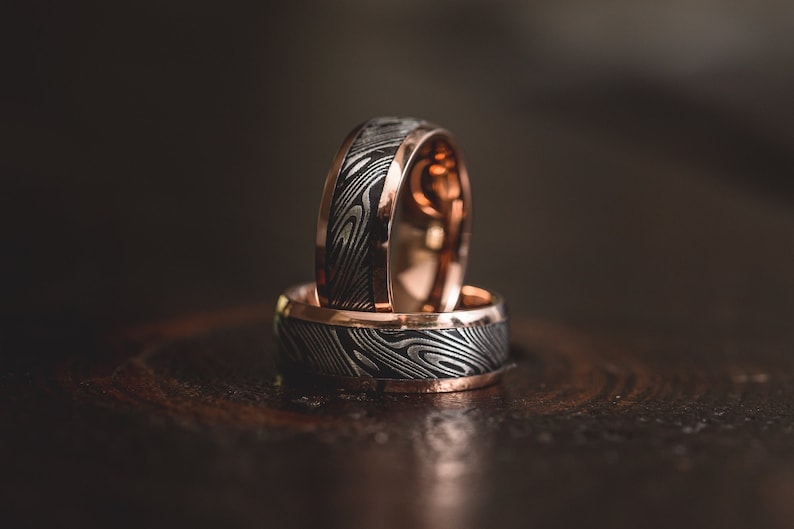 Damascus with rose gold tungsten shell Steel Ring Band 8mm Ring Men Wedding Ring damascus steel ring Handmade Damascus Ring Engagement Ring image 1