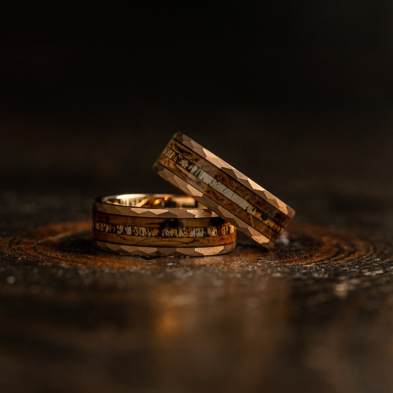 Antler Hammered wedding Ring with charred whiskey barrel and Antler, Antler ring Ring, rose gold wood ring, Whiskey barrel ring, Antler Band image 4