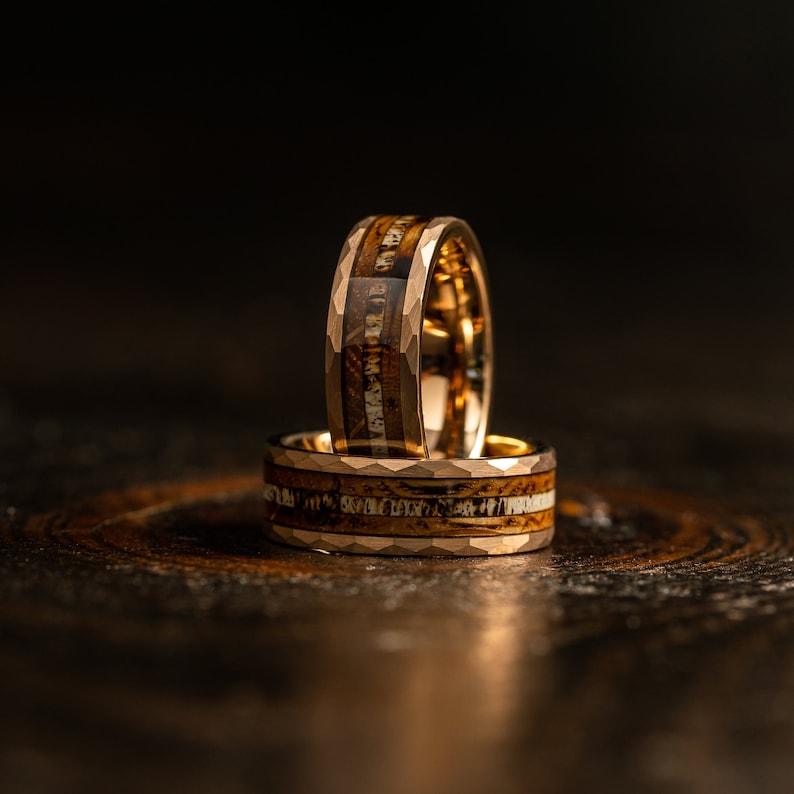 Antler Hammered wedding Ring with charred whiskey barrel and Antler, Antler ring Ring, rose gold wood ring, Whiskey barrel ring, Antler Band image 5