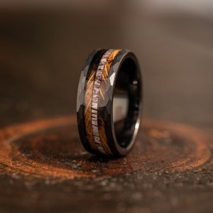 Black Hammered Wedding Ring With Charred Whiskey Barrel and Antler ...